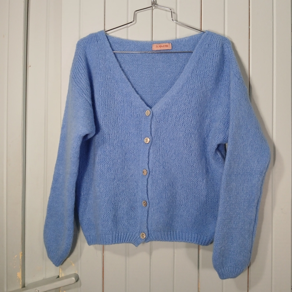 in april 1986 Sweaters - Blue Knit V-Neck Cardigan